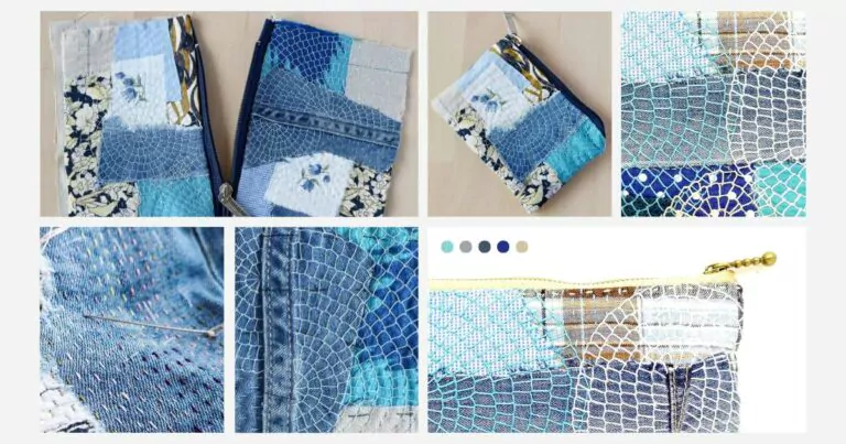 Pochette à fermeture éclair brodée à la main à partir de chutes de tissu