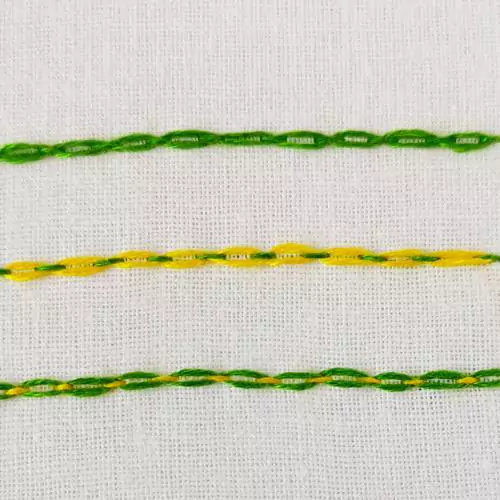 Broderie au point courant à double fil en fils jaunes et verts sur tissu blanc