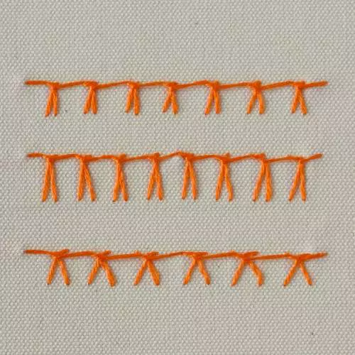 Point de feston noué allemand brodé de fil orange - face avant