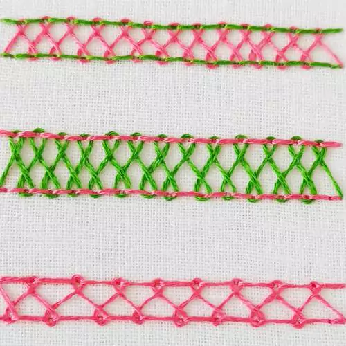 Broderie au point d’échelle à chevrons avec fil rose et vert