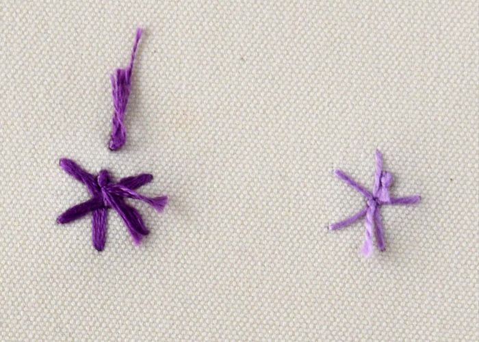 Broderie de la roue d'araignée fouettée avec des fils violets au verso