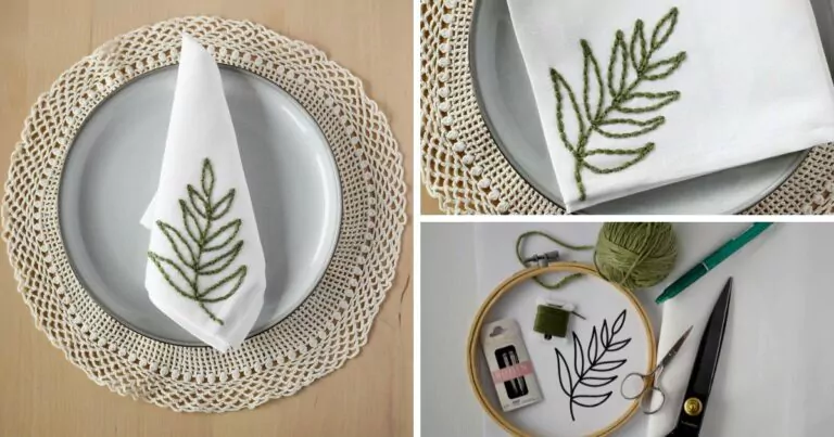 Serviettes de table brodées DIY avec une branche d'olivier