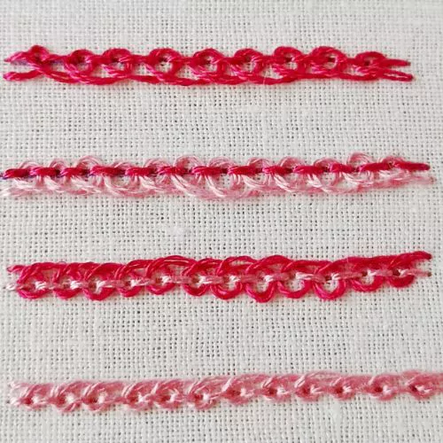 Broderie au point de Pékin avec fil dentaire rose